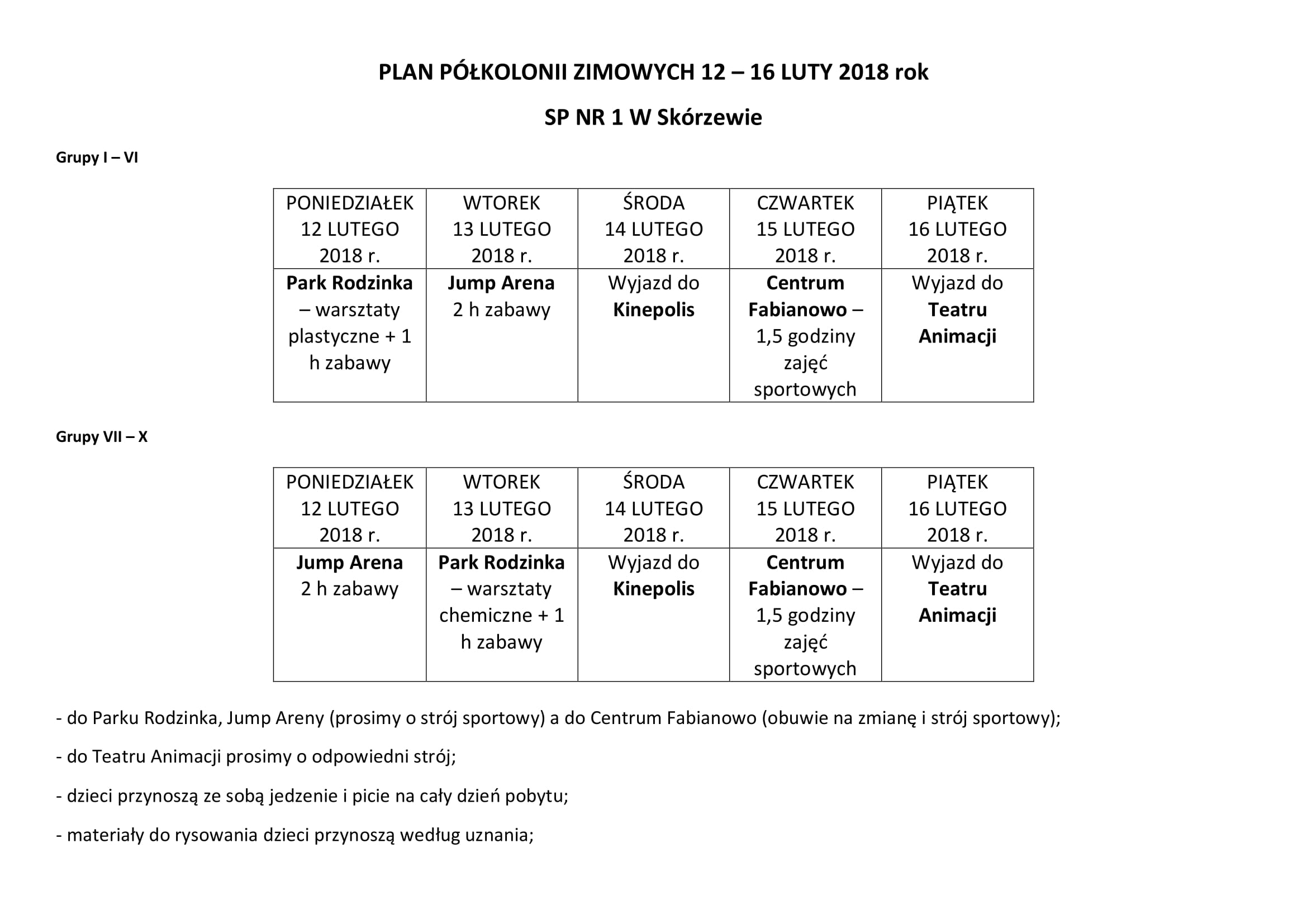 PLAN PÓŁKOLONII ZIMOWYCH 2 1